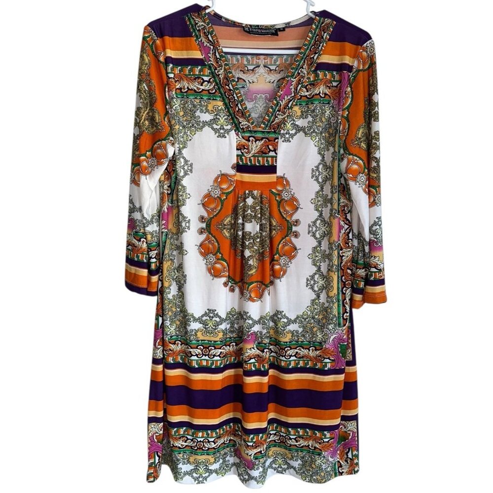 The Pyramid Collection Shift Dress Sz M 3/4 Sleeve Orange Multi Boho Y2K
